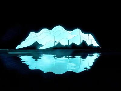 Illuminated Blue Mountain Shaped Garden Ornament With Water Reflection In Dark Background 3d model