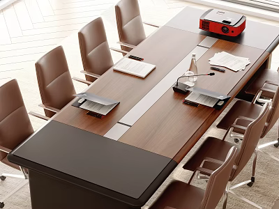 Large Office Conference Table With Wooden Top Brown Leather Chairs Red Projector And Documents 3d model