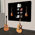 Stylish Musical Instruments And Art Supplies Display With Wall Mounted Shelves And Guitars