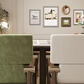 Elegant Modern Restaurant Interior With Marble Dining Table Green Beige Chairs Decorative Paintings And Plants