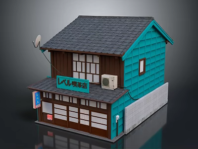 Japanese Traditional Small Shop Building With Blue Walls Dark Roof Garage Door And Satellite Dish 3d model