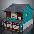 Japanese Traditional Small Shop Building With Blue Walls Dark Roof Garage Door And Satellite Dish