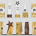 Various Trophies And Medals With Star Shaped Designs Wooden Bases And Engraved Details