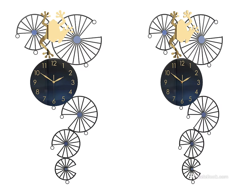 Pair of Decorative Wall Clocks With Dark Dial Golden Hands And Intricate Metalwork 3d model 
