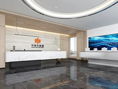 Modern Service Hall Interior With Marble Reception Desk And Digital Ocean View Display Screen 3d model