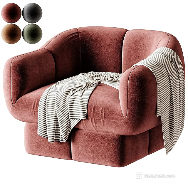 Stylish Dusty Pink Velvet Single Sofa Chair With Striped Throw Blanket For Cozy Living Space 3d model 