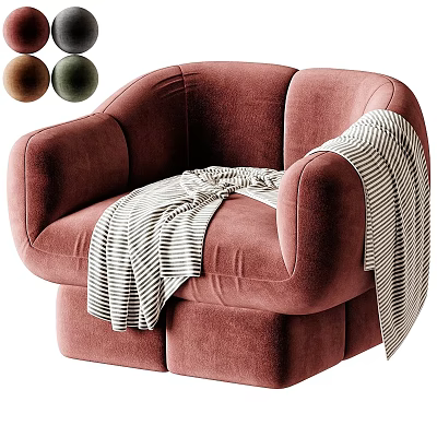 Stylish Dusty Pink Velvet Single Sofa Chair With Striped Throw Blanket For Cozy Living Space 3d model