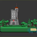 Cartoon Scenic Castle with Red Roof on Green Grassland Surrounded by Trees and Small Animals 3d model