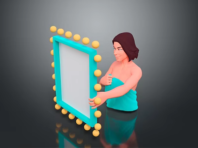 Woman In Blue Towel Adjusting Mirror With Yellow Spherical Decorations And Bulbs 3d model