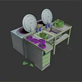 Double Stove Kitchen Countertop Setup With Pots Drawers And Cooking Utensils