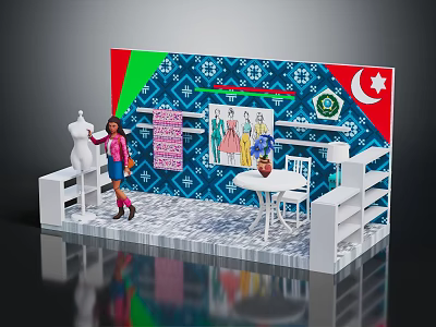 Display Showcase Shelves With Mannequin Doll Figure And Fashion Posters On Colorful Patterned Wall 3d model