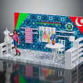 Display Showcase Shelves With Mannequin Doll Figure And Fashion Posters On Colorful Patterned Wall
