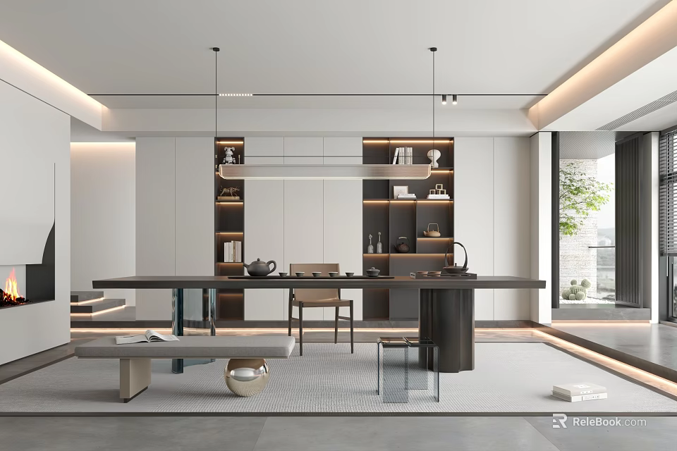 Modern Study Room Interior Design With Open Layout Spacious Desk And Bookshelves 3d model 