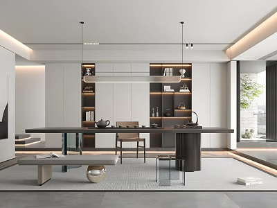 Modern Study Room Interior Design With Open Layout Spacious Desk And Bookshelves 3d model