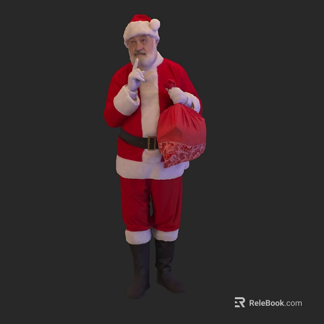 A Man Dressed in Santa Claus Costume Holding Red Gift Bag with White Beard 3d model 