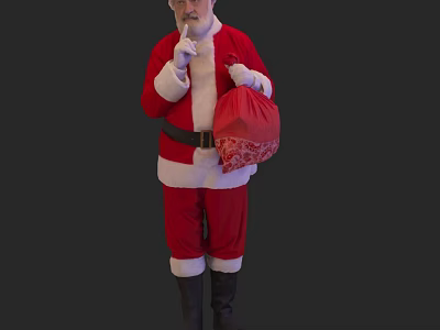 A Man Dressed in Santa Claus Costume Holding Red Gift Bag with White Beard 3d model