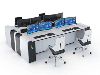 Modern Office Desk Setup With Multiple Monitors Storage Drawers And Ergonomic Chairs 3d model