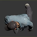 Man Wearing Denim Jacket Light Blue T-shirt Gray Pants Sneakers Gray Cap On Gray Background