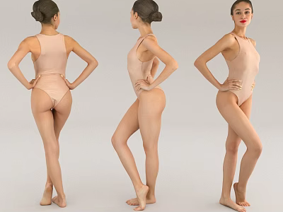 Women In Nude Leotards Posing With Hands On Hips From Different Side Views 3d model