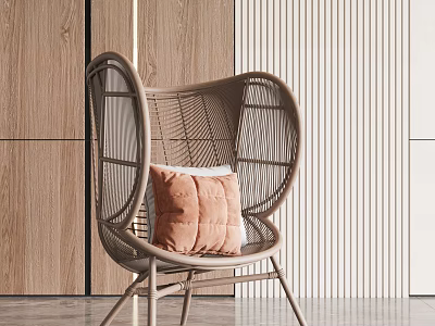 Modern Rattan Leisure Chair With Orange Cushion Against Wooden Wall And Vertical Striped Panel 3d model
