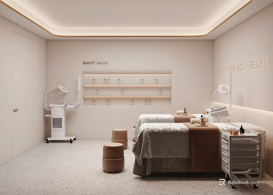 Elegant Modern SPA Sauna Interior With Beauty Salon Treatment Beds Shelves And Stools 3d model 