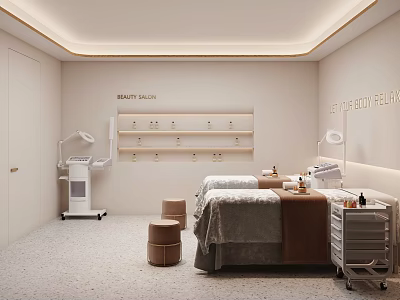 Elegant Modern SPA Sauna Interior With Beauty Salon Treatment Beds Shelves And Stools 3d model