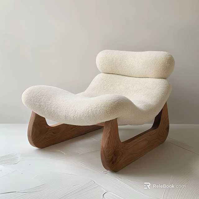 Cream Plush Upholstered Lounge Chair with Wooden Legs Modern Minimalist Design 3d model 