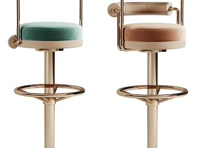 Modern Bar Stools With Velvet Green And Brown Seats Gold Metal Frame Round Footrest 3d model