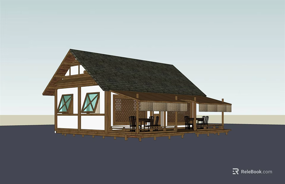 Wooden Cabin Exterior Design With Black Roof White Walls Porch And Chairs Tables 3d model 