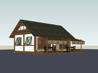 Wooden Cabin Exterior Design With Black Roof White Walls Porch And Chairs Tables 3d model