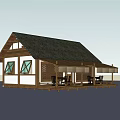 Wooden Cabin Exterior Design With Black Roof White Walls Porch And Chairs Tables