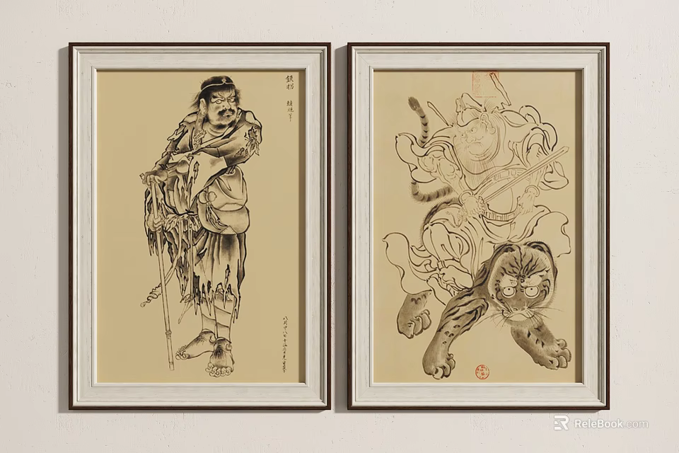 Traditional Figure And Tiger Ink Line Art Two Framed Paintings On Wall 3d model 