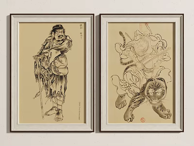 Traditional Figure And Tiger Ink Line Art Two Framed Paintings On Wall 3d model