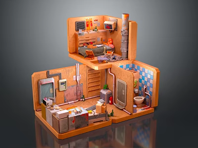 Cartoon Style 3D Cutaway Two Story Room With Kitchen Bathroom Living Area And Small Furniture Items 3d model