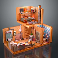 Cartoon Style 3D Cutaway Two Story Room With Kitchen Bathroom Living Area And Small Furniture Items