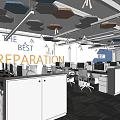 Modern Public Office Workspace With Workstations Computers Ergonomic Chairs Ceiling Acoustic Panels And Wall Slogan 3d model