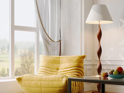 Yellow Ribbed Armchair with Twisted Floor Lamp Side Table and Fruit Bowl Near Window 3d model