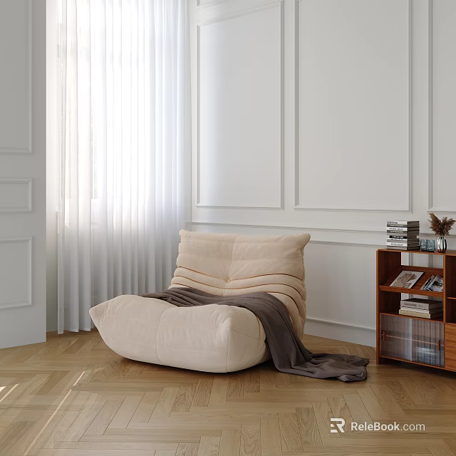 Cozy Beige Soft Bean Bag Chair In Modern Living Room With Natural Light And Wooden Floor 3d model 