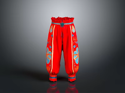 Red Decorative Pants With Floral Patterns And Waist Belt Design 3d model