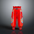 Red Decorative Pants With Floral Patterns And Waist Belt Design