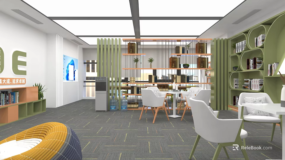 Modern Lounge Area Interior With White Chairs Bookshelves And Green Plants 3d model 
