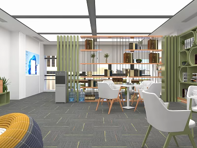 Modern Lounge Area Interior With White Chairs Bookshelves And Green Plants 3d model