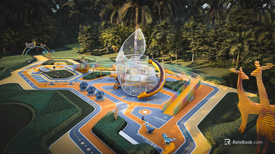 Vibrant Safe Children's Playground Area With Slide Climbing Frames And Green Surroundings 3d model 