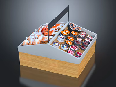 Showcase Shelf With Wooden Base Gray Top Black Signage And Assorted Desserts Clear Bottled Drinks 3d model