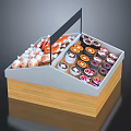 Showcase Shelf With Wooden Base Gray Top Black Signage And Assorted Desserts Clear Bottled Drinks