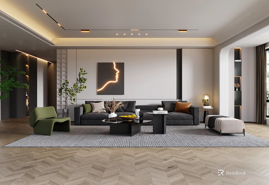 Modern Living Room Interior Design With Gray Sofa Coffee Table And Decorative Artwork 3d model 