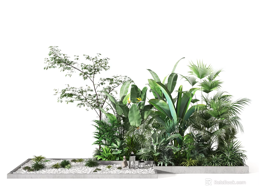 Various Green Plants Arrangement With Large Leaf Plants Small Plants And Pebble Decor 3d model 