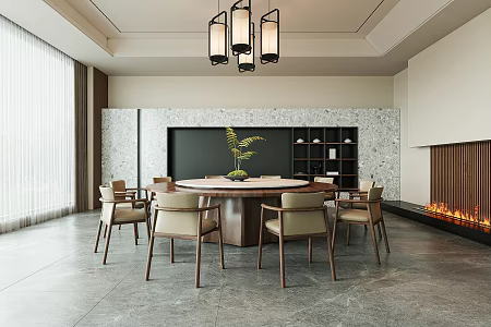 New Chinese Restaurant Round Dining Table Chair Dining Chair Restaurant Background 3d model
