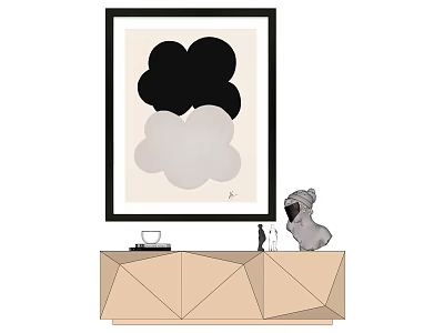 Framed Wall Art With Cloud Patterns Above Geometric Beige Cabinet And Decorative Items 3d model