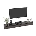 Minimalist Dark Wood TV Stand Featuring Flat Screen TV Decorative Plants Statue And Vase